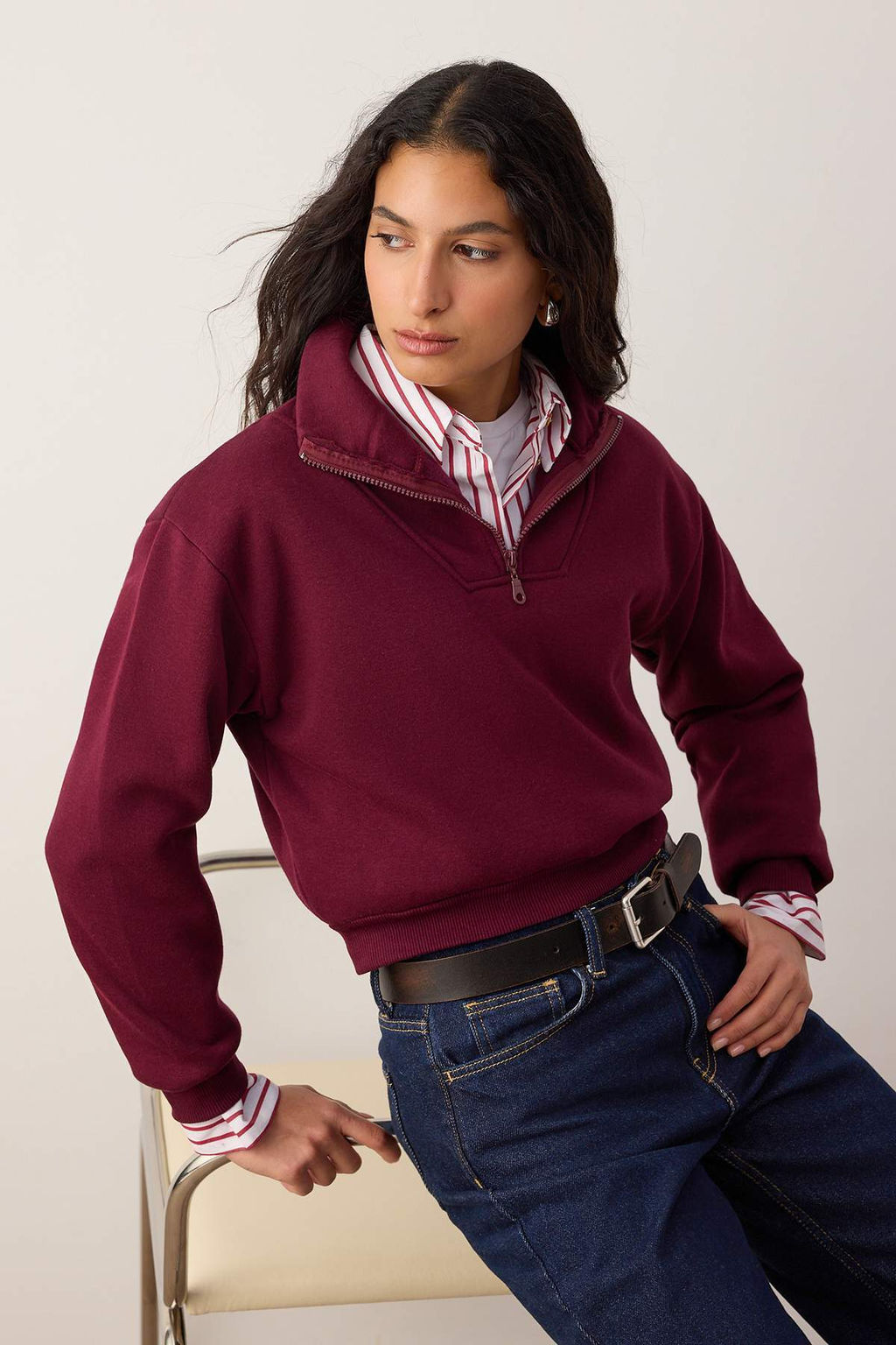 Bordo Kal?n Ici Polarl? Dik Yaka Yar?m Pat Fermuar? Crop Orme Sweatshirt TWOAW26SW00233