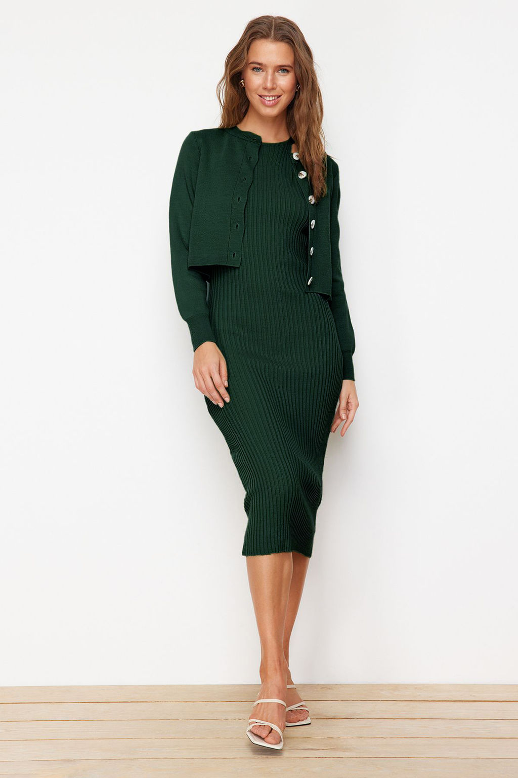 Zumrut Yesili 2li Yesili Midi Triko Basic H?rkal? Elbise TWOSS23EL00738