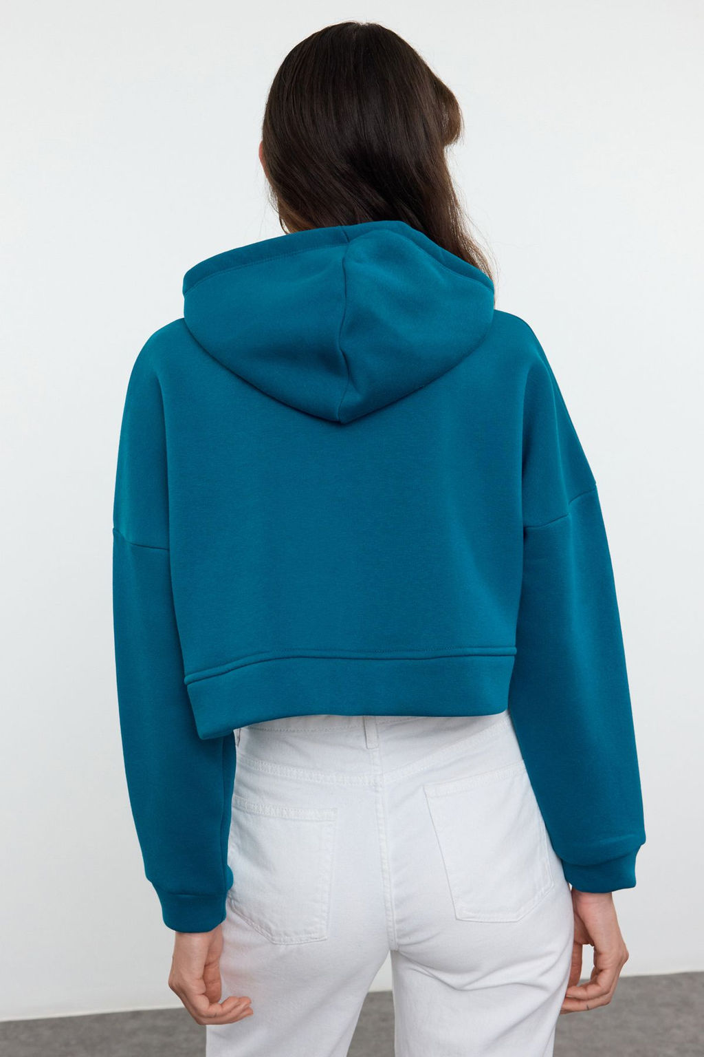 Petrol Fermuarl? Kapusonlu Rahat Kesim Crop Kal?n Ici Polarl? Orme Sweatshirt TWOAW20SW0660
