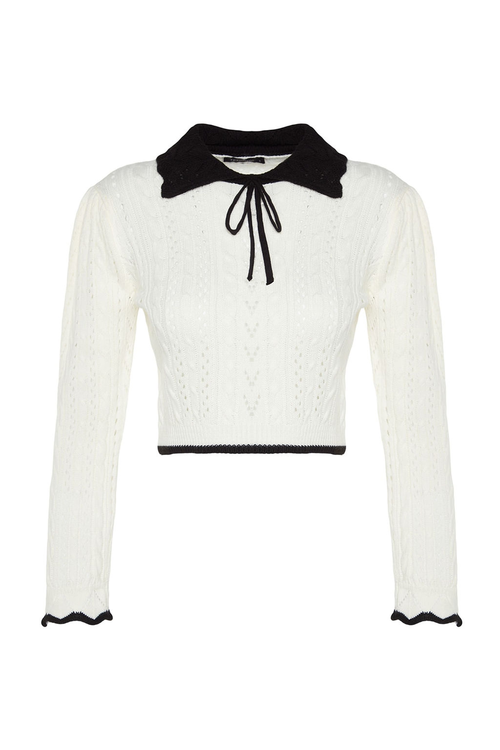 Ekru Crop Ajurlu/Delikli Kurdele/Fiyonk Detayl? Triko Kazak TWOAW24KZ01055 - Trendyolmilla фото 7