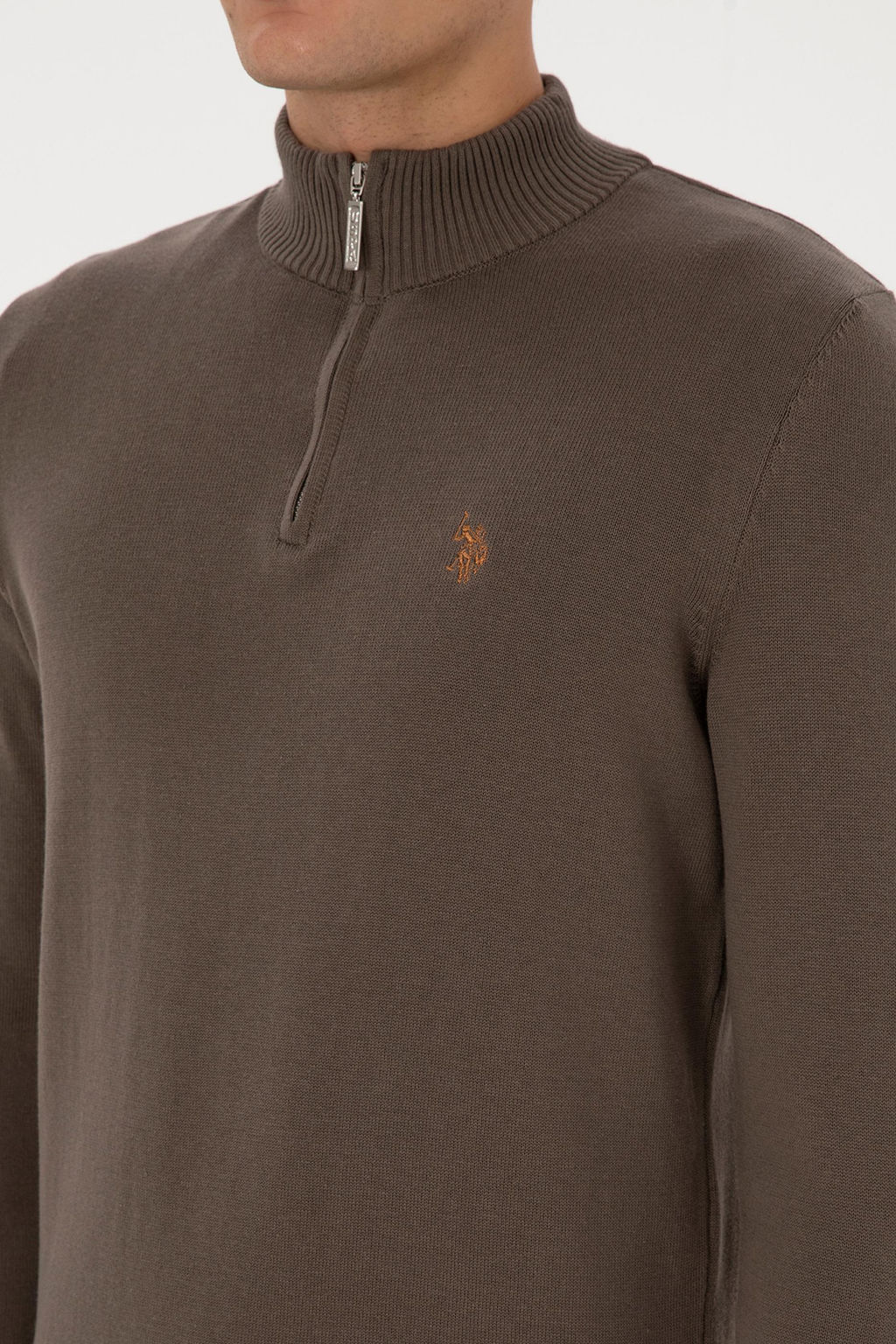 Erkek Slim Fit Yar_m Fermuarl_ Vizon Basic Kazak