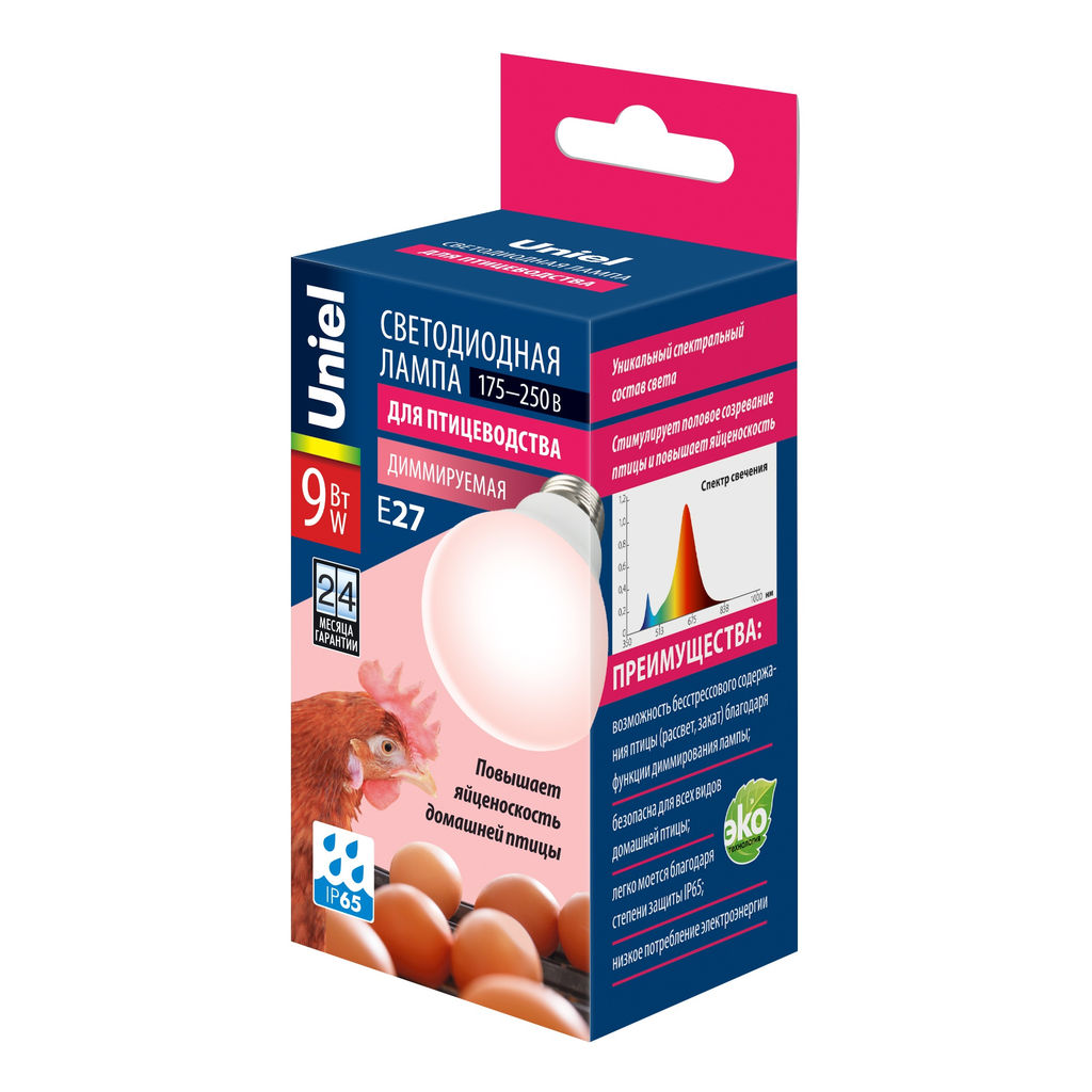LED-A60-9W/SCEP/E27/FR/DIM IP65 PLO65WH Лампа светодиодная диммируемая для птиц. Спектр для яйценоскости. TM Uniel.