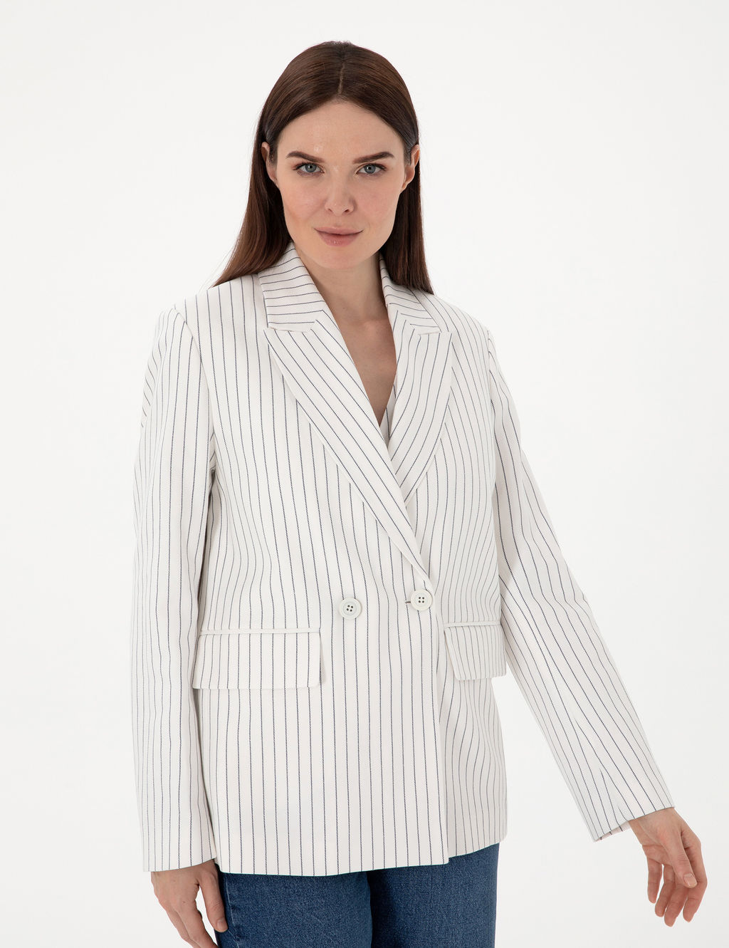 Ekru Keten Kar___ml_ Comfort Fit Kruvaze Ceket