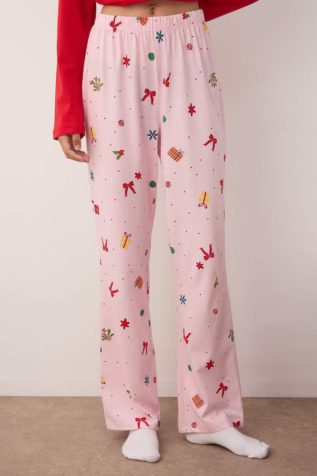 K?rm?z?-Ekru %100 Pamuklu Y?lbas? Temal? Orme Pijama Tak?m? THMAW26PT00059 - Trendyolmilla фото 3