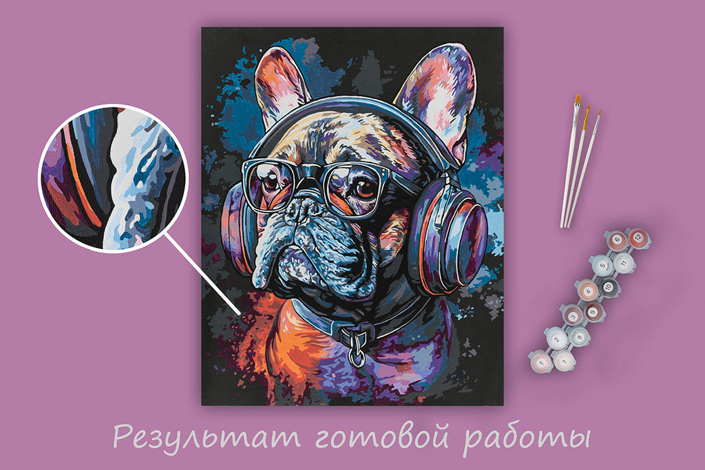 ФРЕЯ PNB/PLB-290 Набор для раскрашивания по номерам ( эффект черного холста ) 50 х 40 см Стильный бульдог
