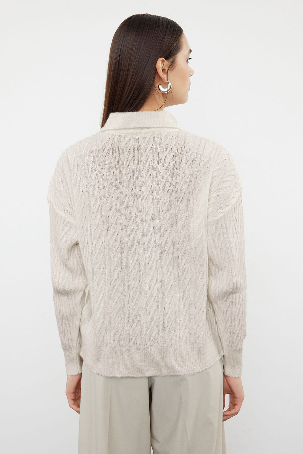 Ekru Genis Kal?p Yumusak Dokulu Triko Kazak TWOAW21KZ2635