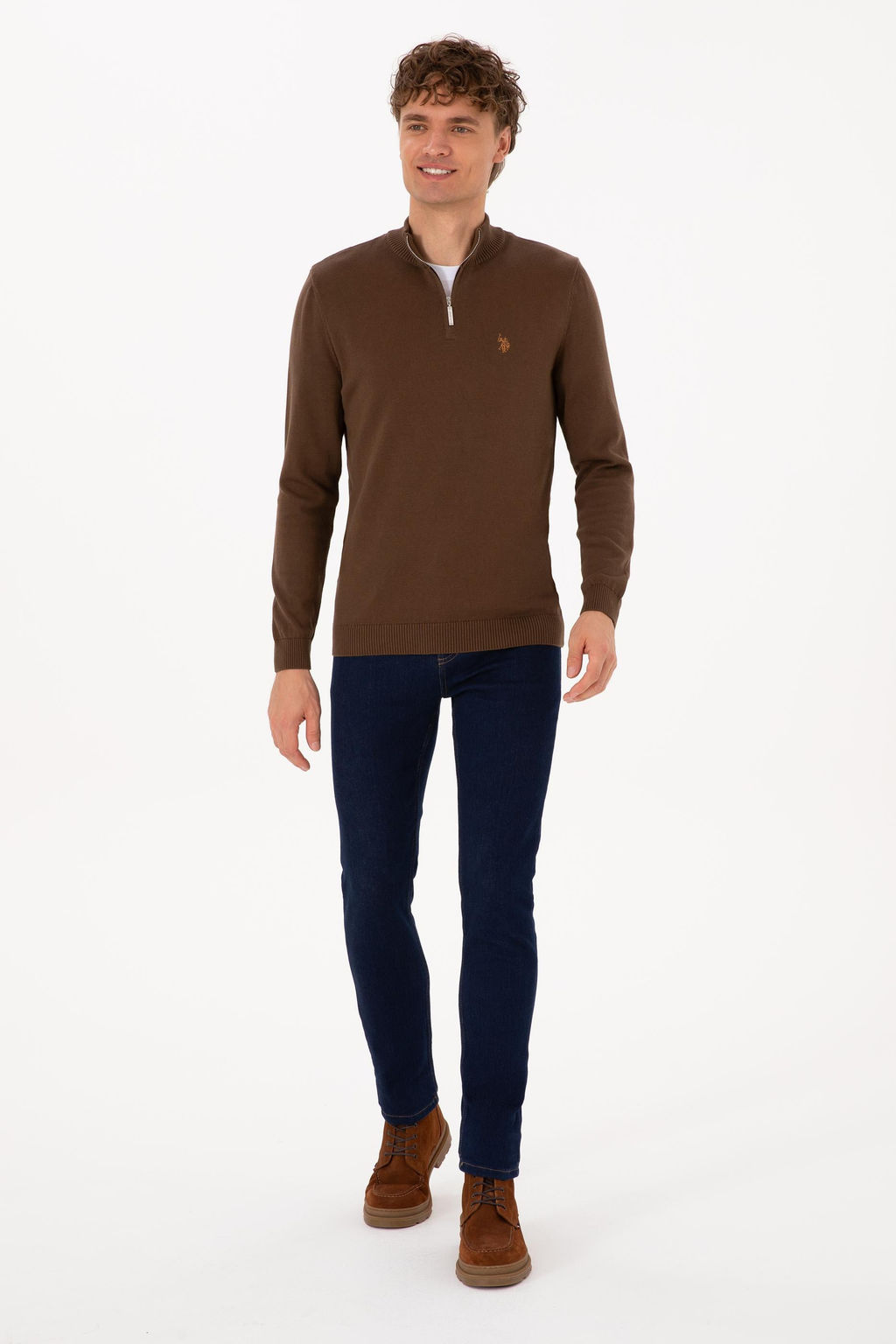Erkek Slim Fit Yar_m Fermuarl_ Kahverengi Basic Kazak - U.s. polo assn фото 4