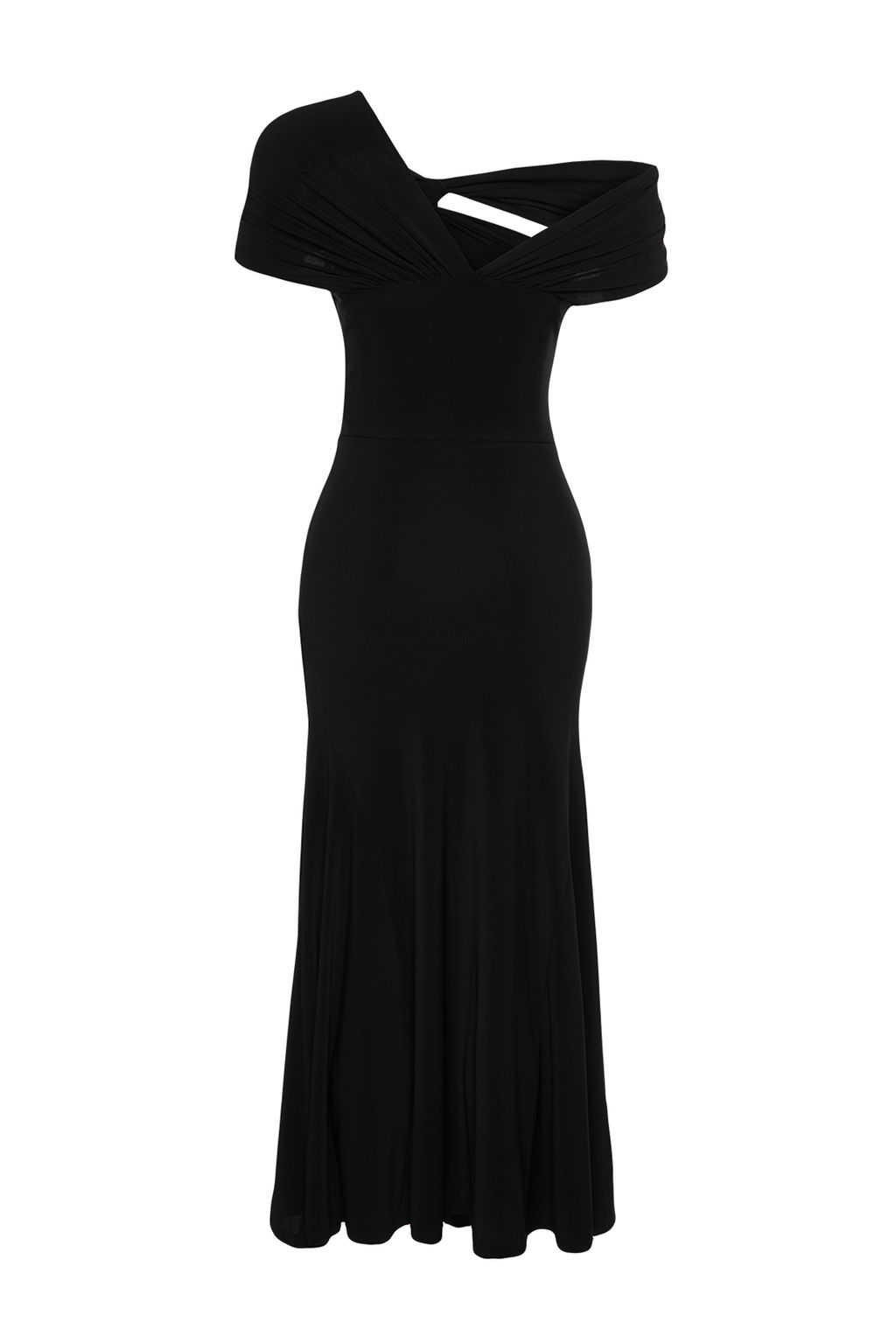 Siyah A-Kesim Asimetrik Yaka Orme S?k Abiye Elbise TPRSS24EL00046