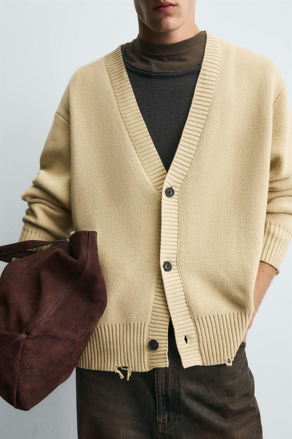 CARDIGAN WITH DISTRESSED RIBBED TRIMS