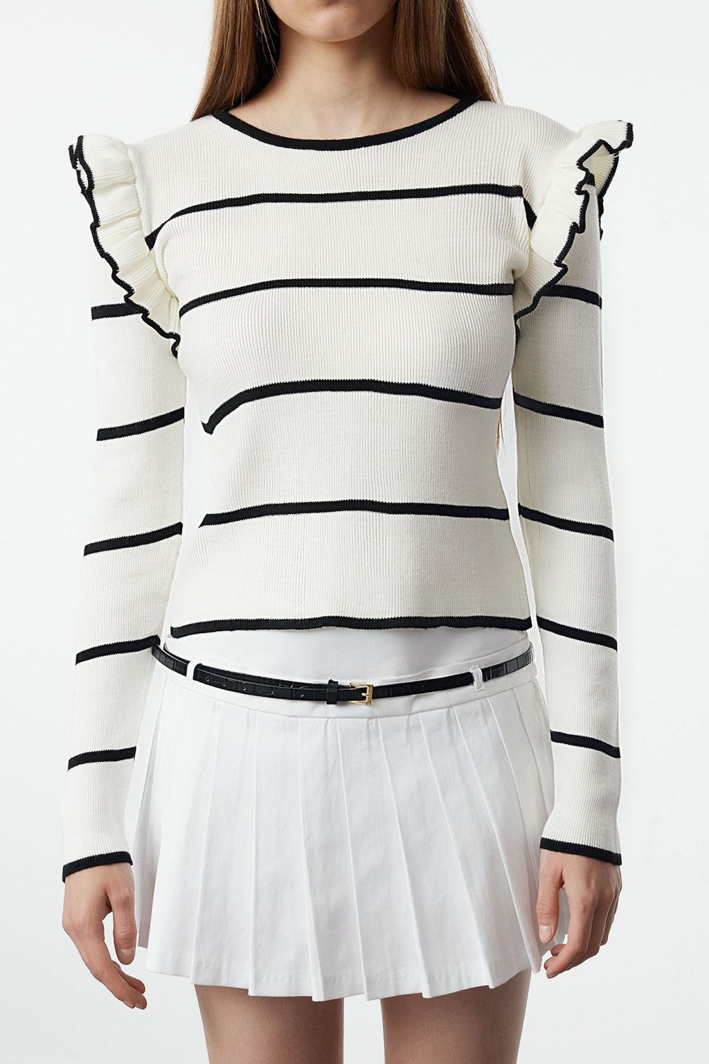 Ekru Omuzu Volanl? Cizgili Triko Kazak TWOAW25KZ00243 - Trendyolmilla фото 4