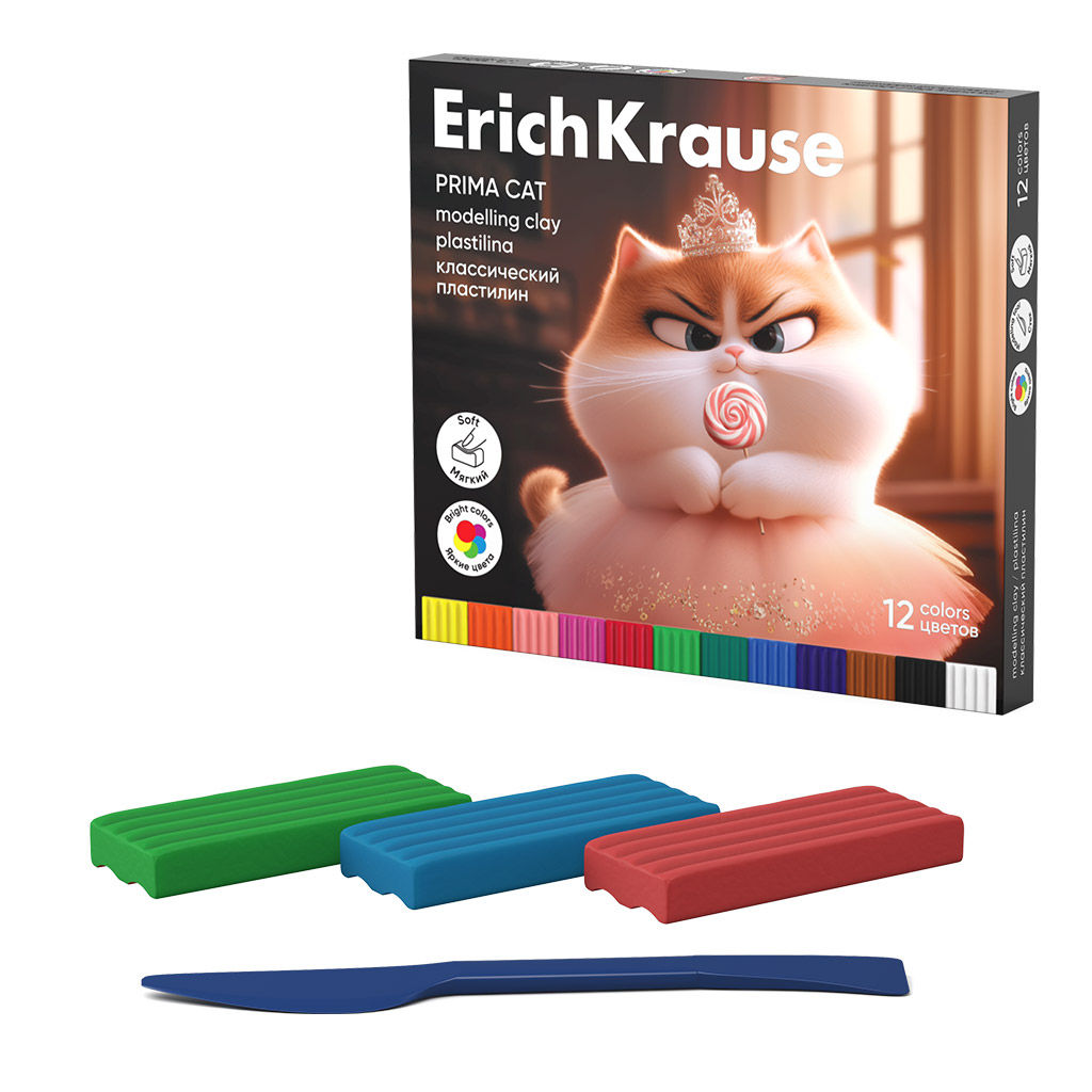 Цена за 1 шт. Пластилин классический ErichKrause Prima Cat 12 цветов со стеком, 192 г (в коробке 12 шт)