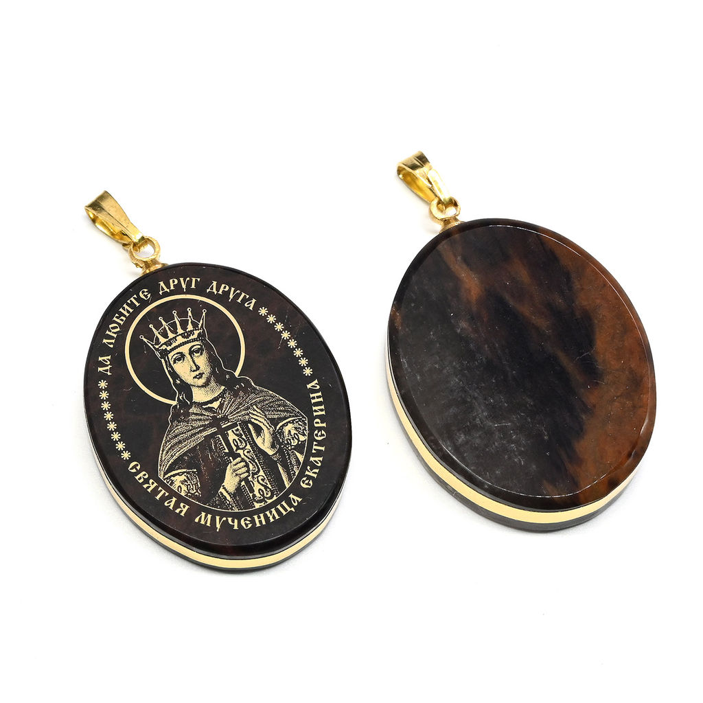 Кулон из обсидиана овал с окантовкой " Св.Екатерина " 20*30мм