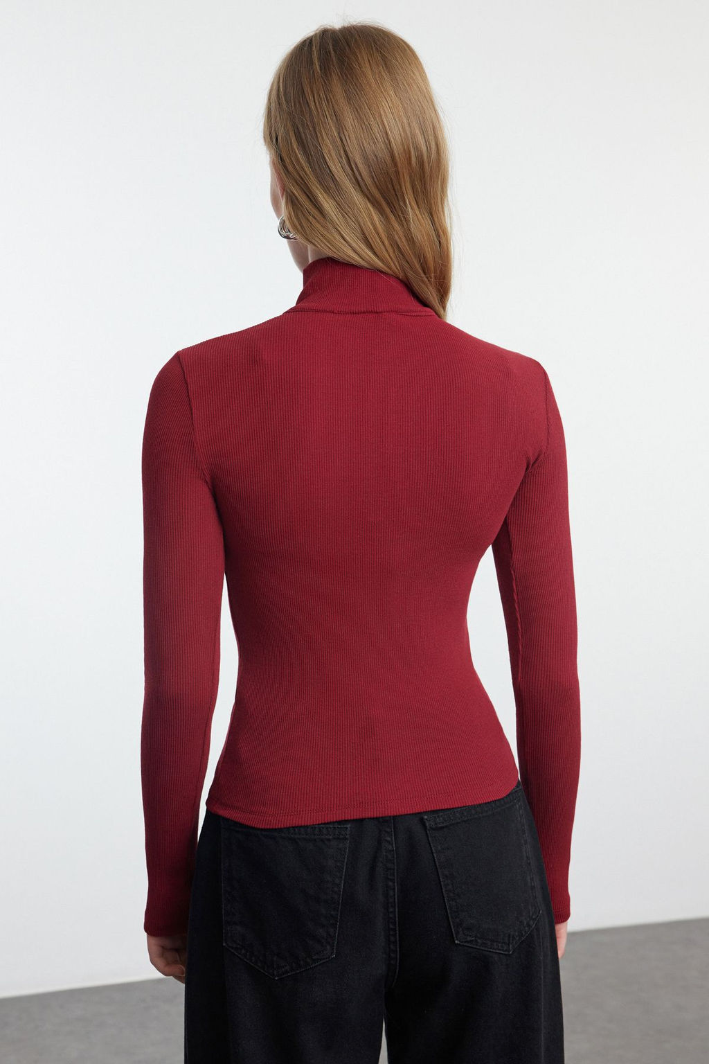Bordo Fitted/vucuda Oturan Fermuarl? Yaka Esnek Orme Bluz TWOAW25BZ00163