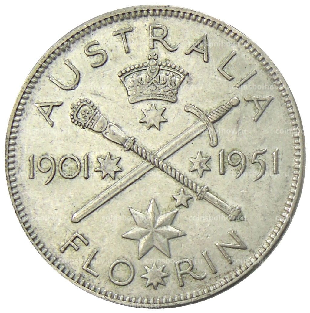 1 флорин (2 шиллинга) 1951 года Австралия  50 лет Федерации