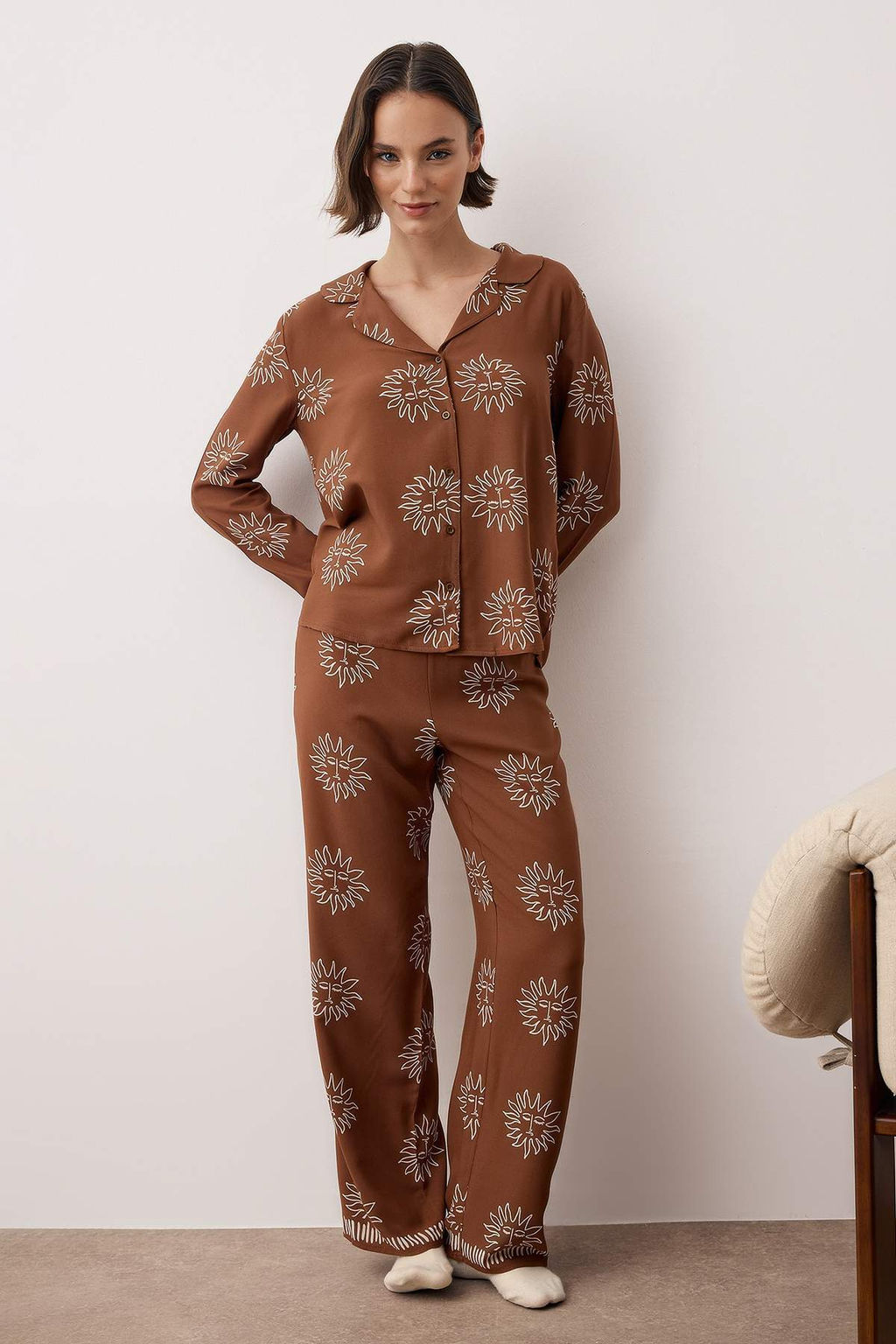 Trendyolmilla Lacivert Gunes Desenli Viskon Dokuma Pijama Tak?m? THMAW25PT00034  фото 18