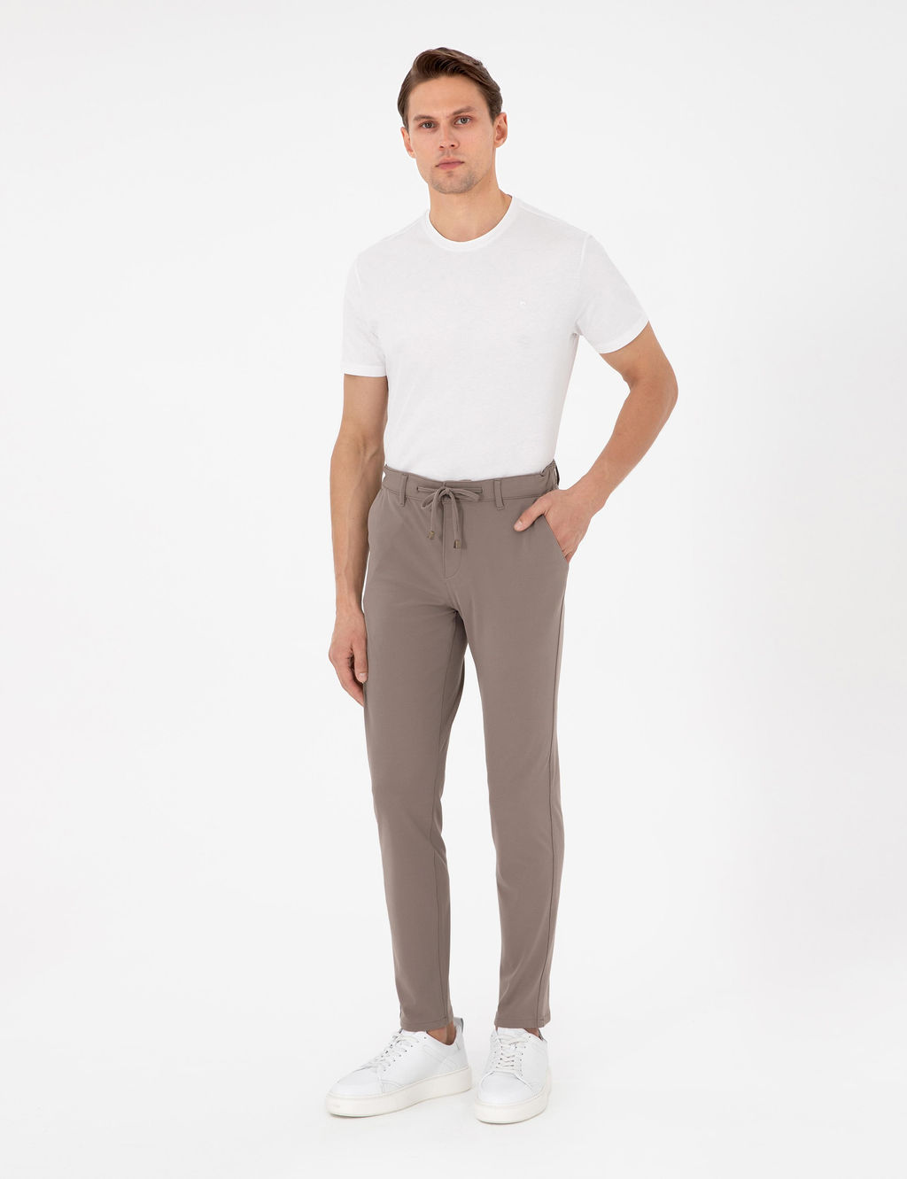 Bej Slim Fit Esnek Jogger Kanvas Pantolon