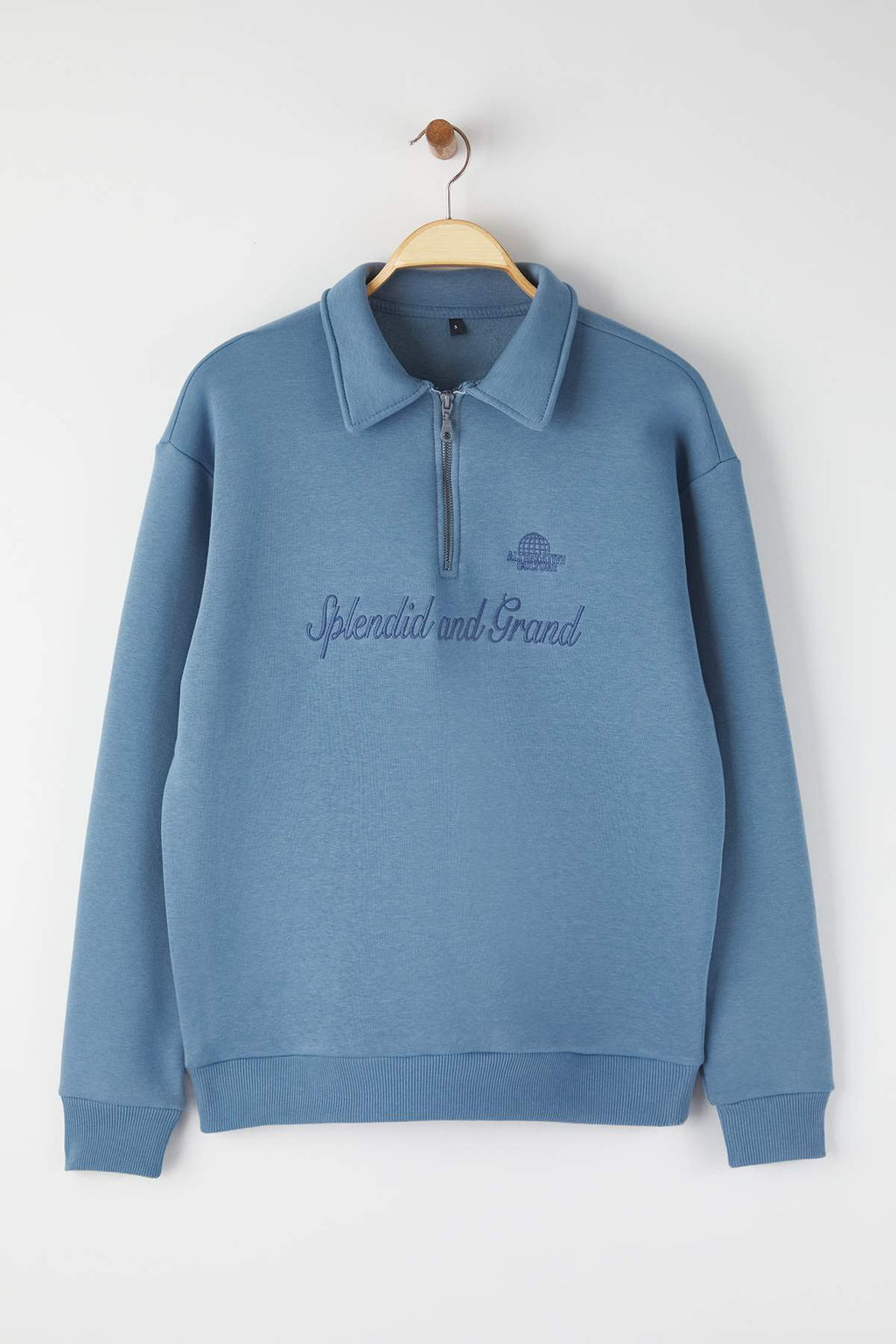 Mavi Oversize/Genis Kesim Polo Yaka Nak?sl? Kal?n Ici Sardonlu Sweatshirt TMNAW26SW00011 - Trendyolmilla фото 5