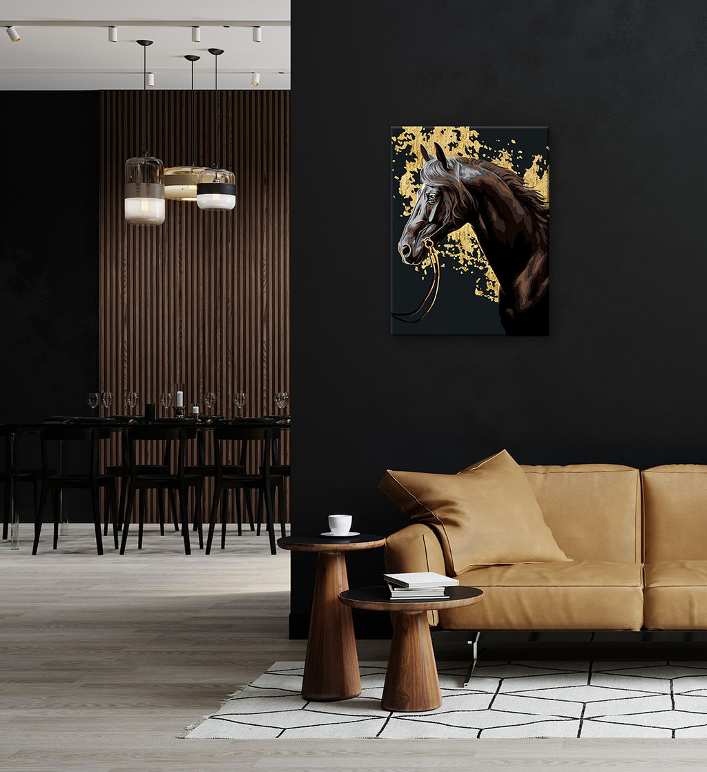 ФРЕЯ PNB/PMPT-275 Набор для раскрашивания по номерам ( эффект черного холста ) ( с поталью ) 40 х 30 см Вороной скакун