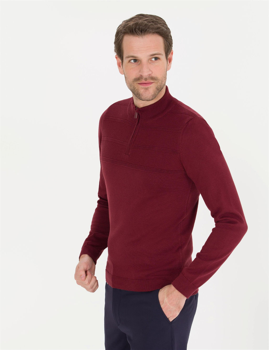 Bordo Slim Fit Yar_m Bal_k__ Yaka Triko Kazak