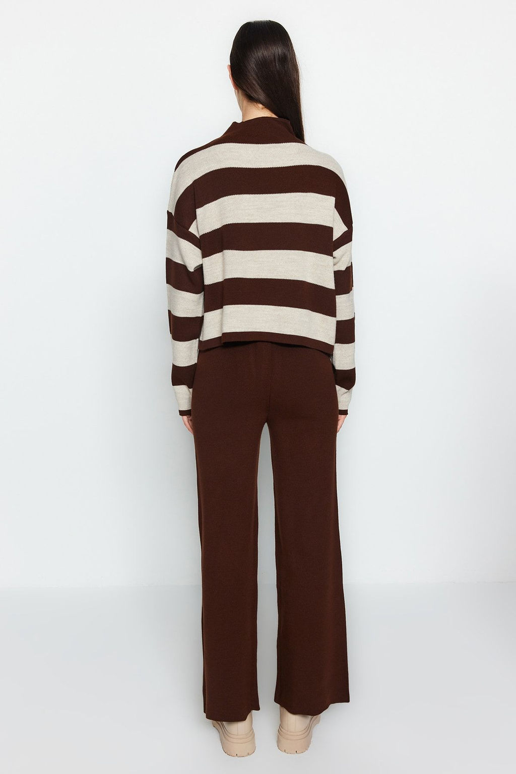 Kahverengi Genis Kal?p Cizgili Triko Alt-Ust Tak?m TWOAW24AU00020 - Trendyolmilla фото 6