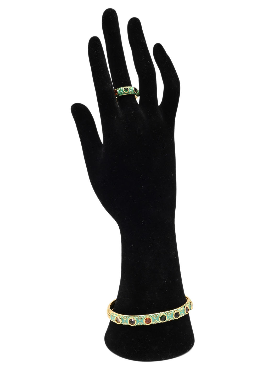 Браслет и кольцо на руку с эмалью и цирконами цв.мятный, 15см