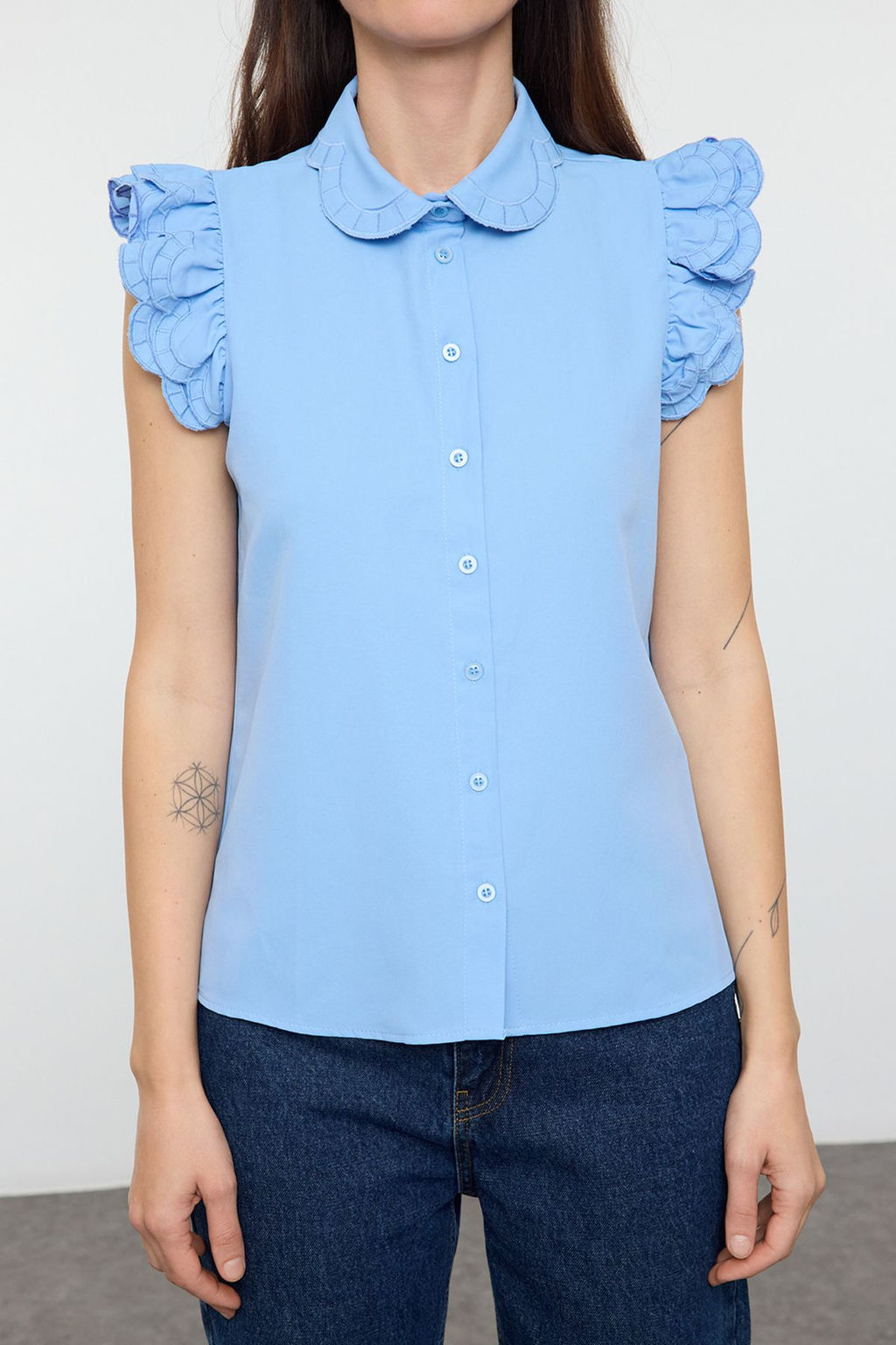 TRENDYOLMILLA Mavi Omuz ve Yaka Nak?s Detayl? Dokuma Gomlek TWOSS22GO0234  фото 3