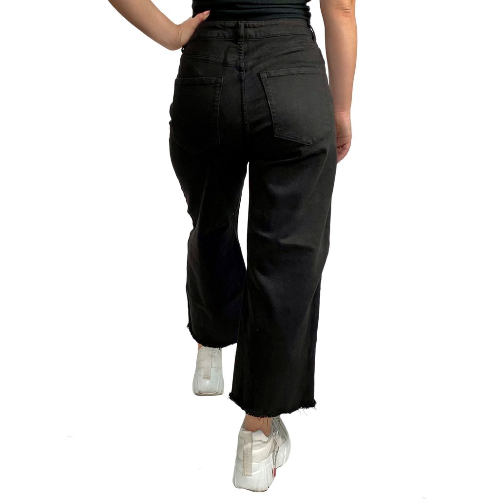 Черные широкие женские джинсы - высокая посадка, естественная бахрома по нижнему краю №251