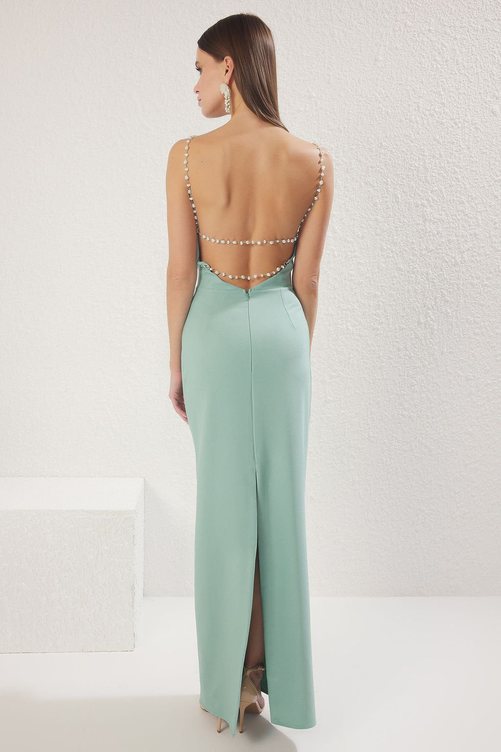 TRENDYOLMILLA Mint Incili Dokuma Uzun S?k Abiye & Mezuniyet Elbise TPRSS25AE00168  фото 8