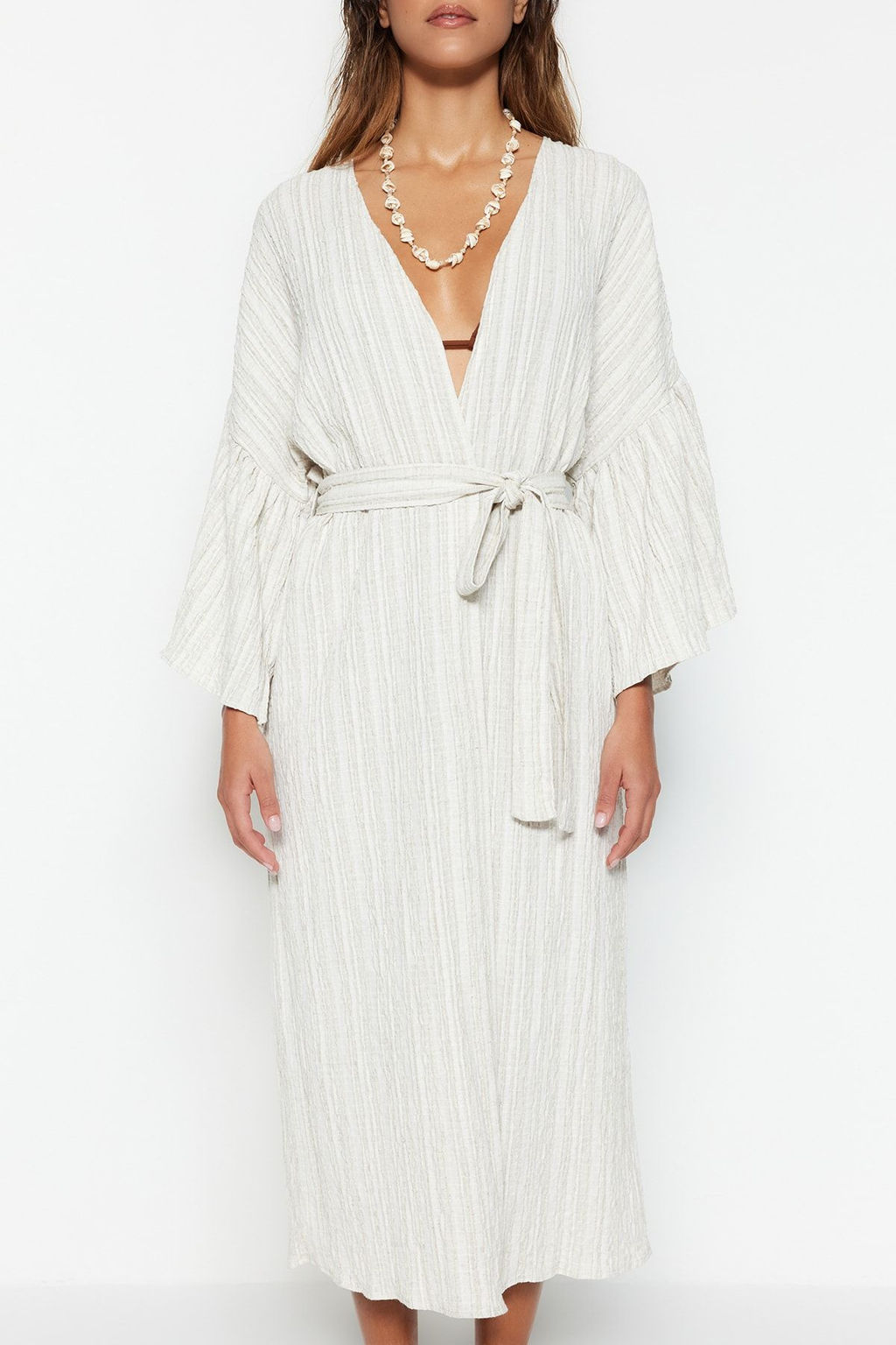 Ekru Kusakl? Maxi Dokuma Volanl? Keten Kar?s?ml? Plaj Kimono&Kaftan TBESS23KM00028 - Trendyolmilla фото 4