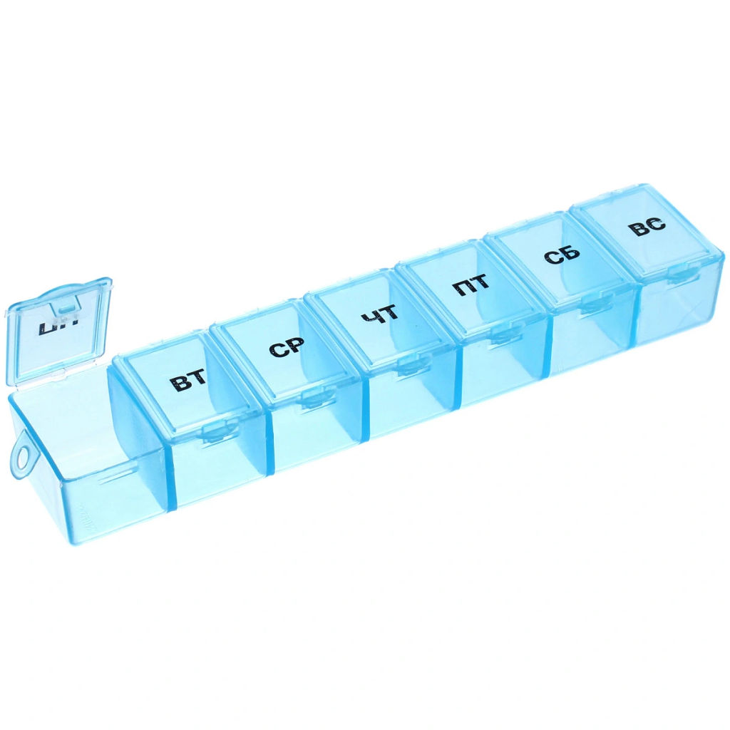 Цена за 10 шт. Таблетница - органайзер 7 ячеек "Неделька", цвет голубой, розовый и прозрачный, 15*3*2см (пакет с подвесом)