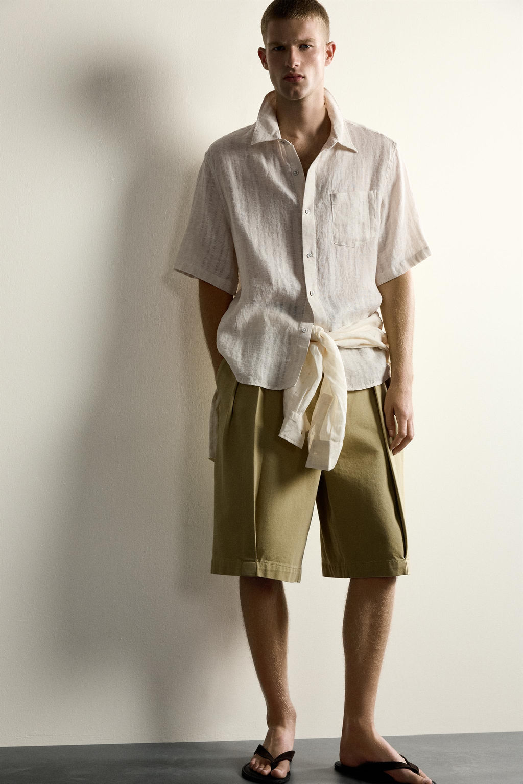 CAMISA JACQUARD RAYAS 100% LINO / Beige - Zara фото 5