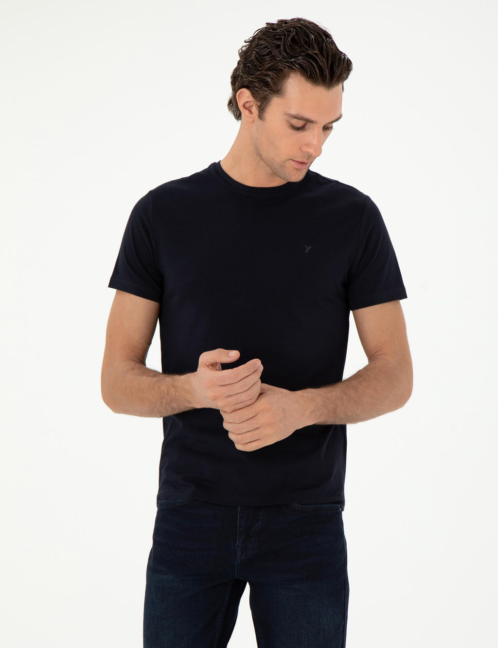 Темно -синий Slim Fit Basic T -For