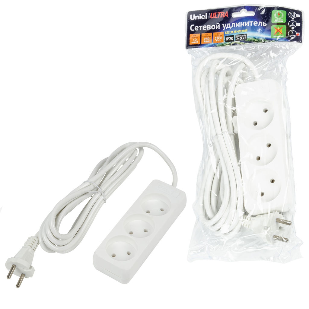 S-CU3-3 WHITE Удлинитель серии Ultra, шнур 3м., 3 гнезда, 10A, б/з. Белый. TM Uniel