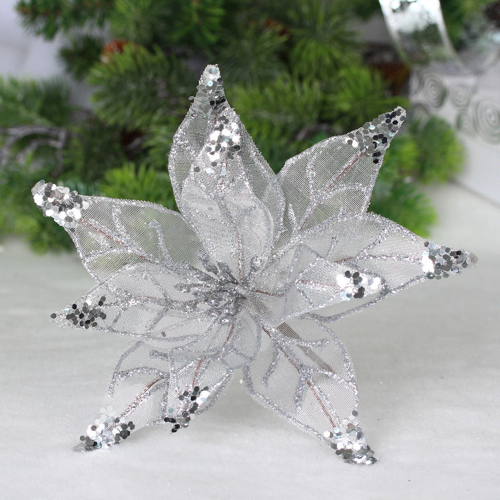 Цена за 2шт. Украшение новогоднее "Пуансеттия - Искристый цветок" 20 см, Серебро