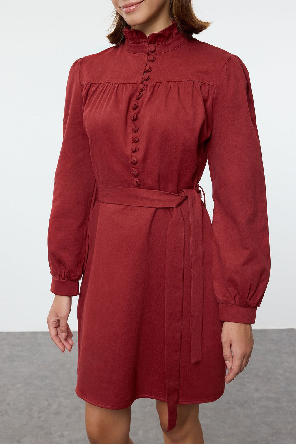 Bordo Duz Dik Yaka Dokuma Elbise TWOAW22EL1346 - Trendyolmilla фото 3