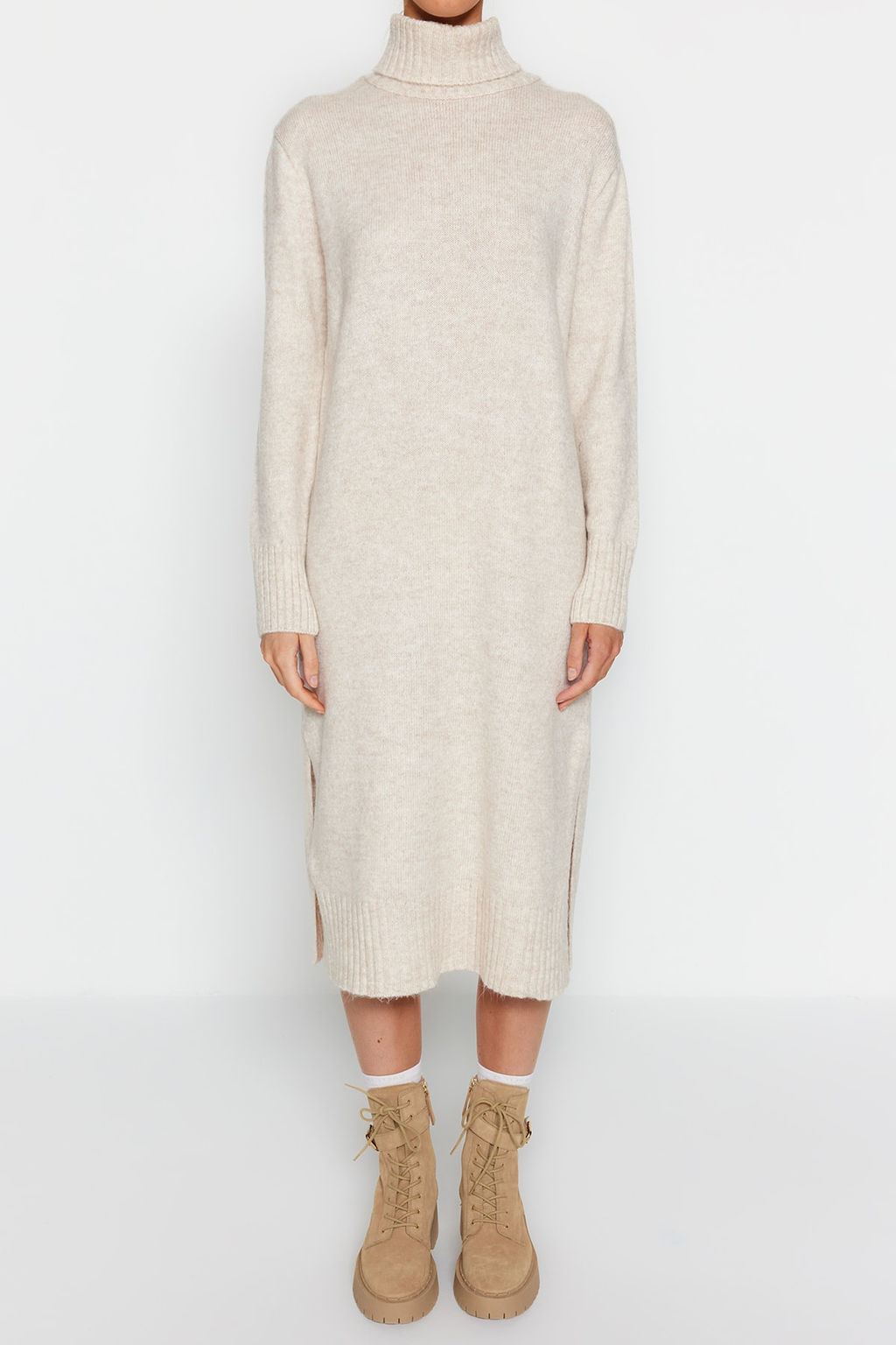 TRENDYOLMILLA Camel Midi Triko Genis Kal?p Yumusak Dokulu Elbise TWOAW24EL00034 фото 17