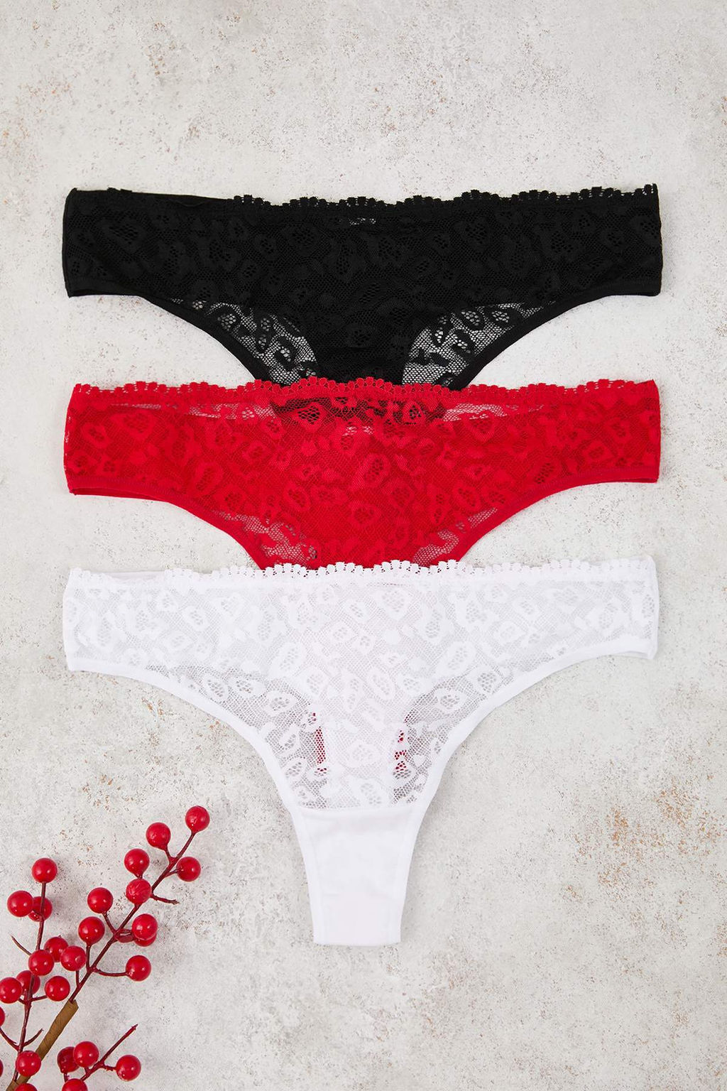 Siyah-Beyaz-K?rm?z? 3lu Leopar Desenli Dantel Tanga Orme Kulot THMAW26KU00050 - Trendyolmilla фото 3