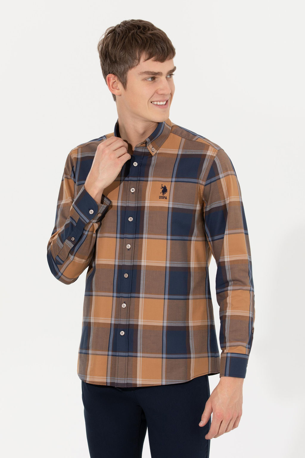 U. S. Polo Assn Мужская рубашка светло-коричневого цвета в клетку - U.s. polo assn фото 4