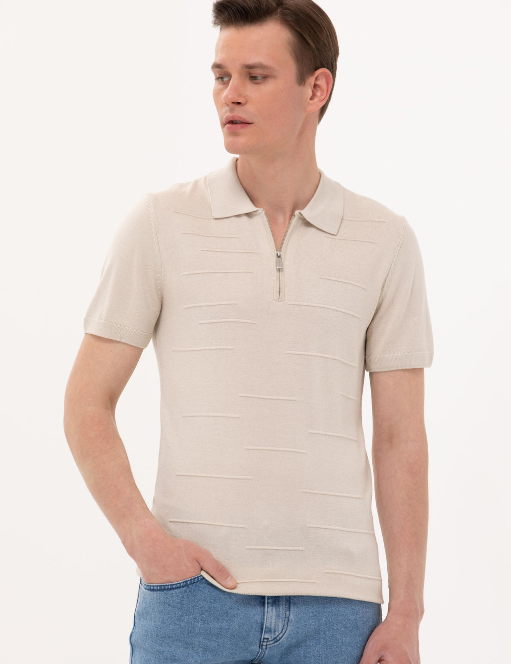 Bej Slim Fit Fermuarl_ Polo Yaka Triko Ti__rt - Pierre cardin фото 4