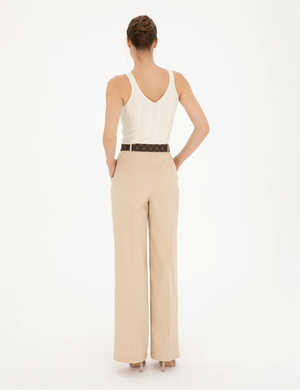 Bej Y_ksek Bel Straight Fit Pantolon