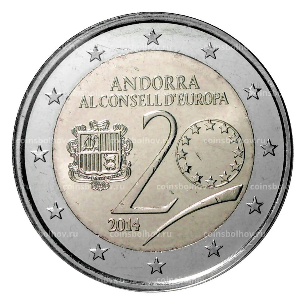 2 евро 2014 года Андорра  20 лет вступлению в совет Европы (в блистере)