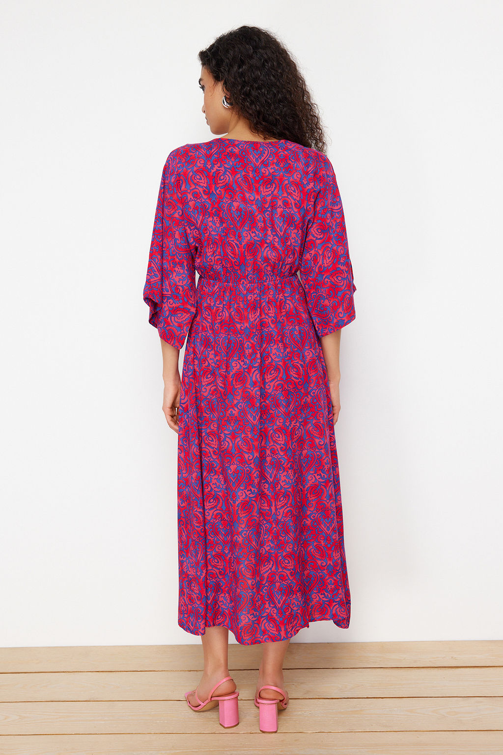 Cok Renkli Etnik Desenli A Kesim Kruvaze Yaka Midi Dokuma Elbise DWOSS24EL00913 - Trendyolmilla фото 10