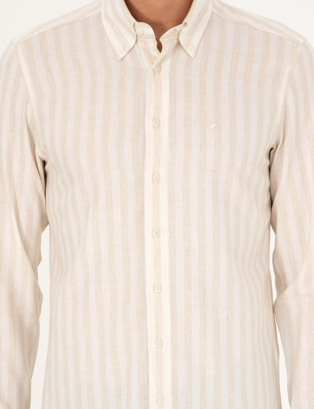 Бежевая рубашка приталенного кроя в полоску из смесового льна - Cacharel фото 6