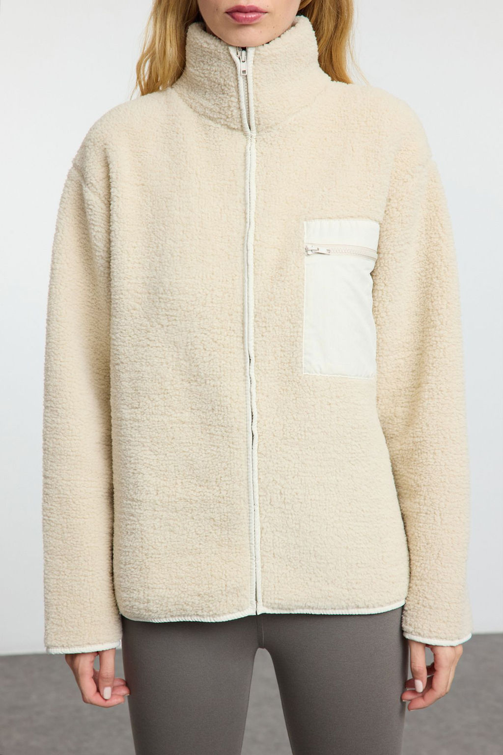 Winter Essentials Tas Kal?n Polar Fermuarl? Dik Yaka Cepli Orme Sweatshirt TWOAW24SW00071