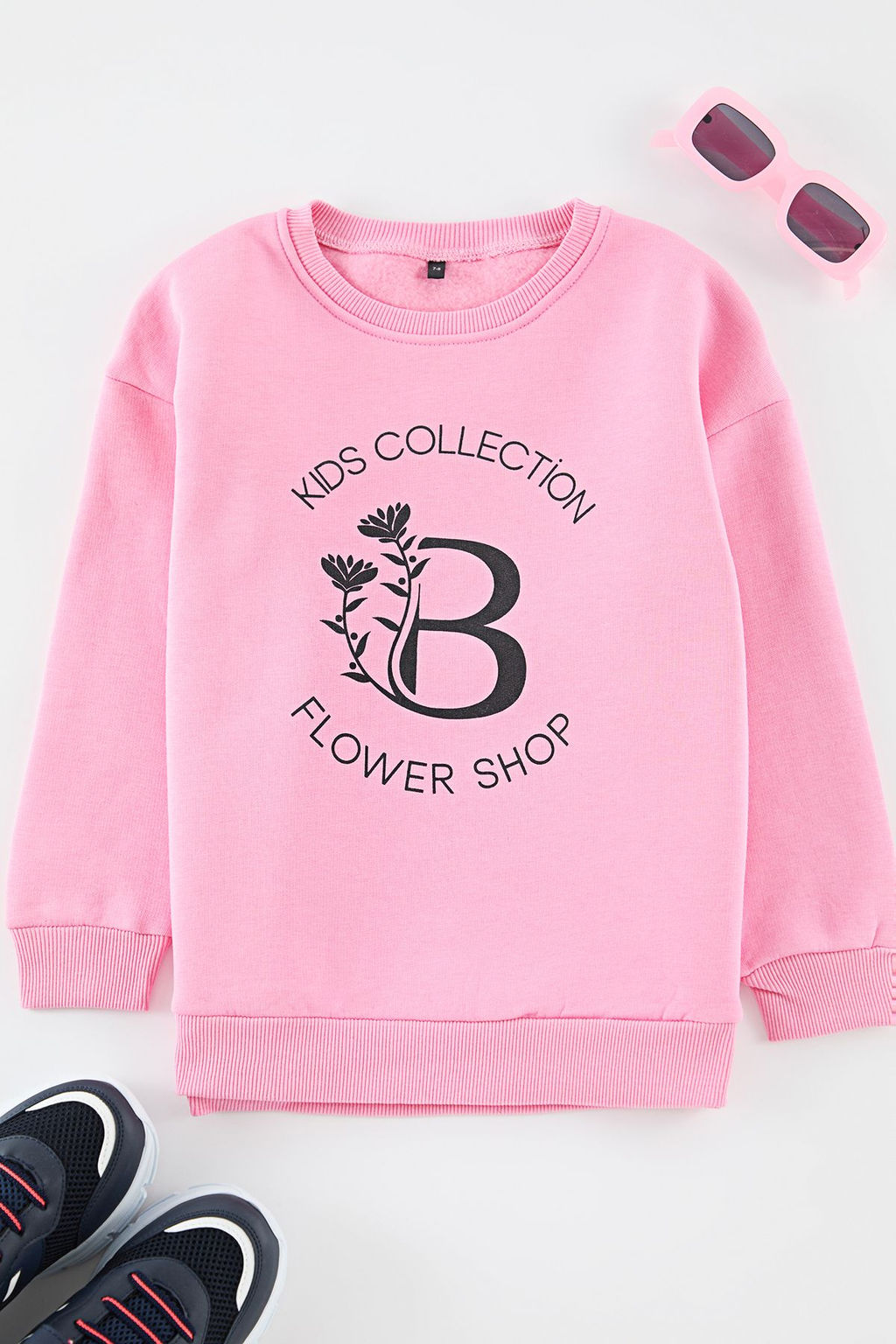 Pembe*001 K?z Cocuk Cicek Desenli Bisiklet Yaka Pamuklu Orme Sweatshirt TKDAW25SW00013