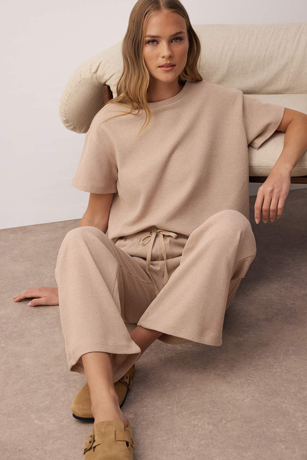 Bej Bel Baglama Detayl? Waffle Orme Pijama Tak?m? THMAW26PT00050