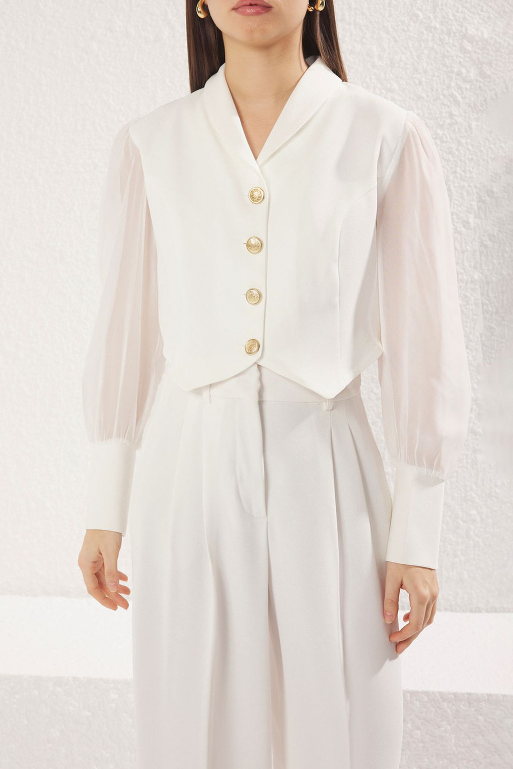 TRENDYOLMILLA Beyaz Metal Dugme Detayl? Kollar? Transparan Crop Dokuma Blazer Ceket TWOSS25BC00026  фото 4