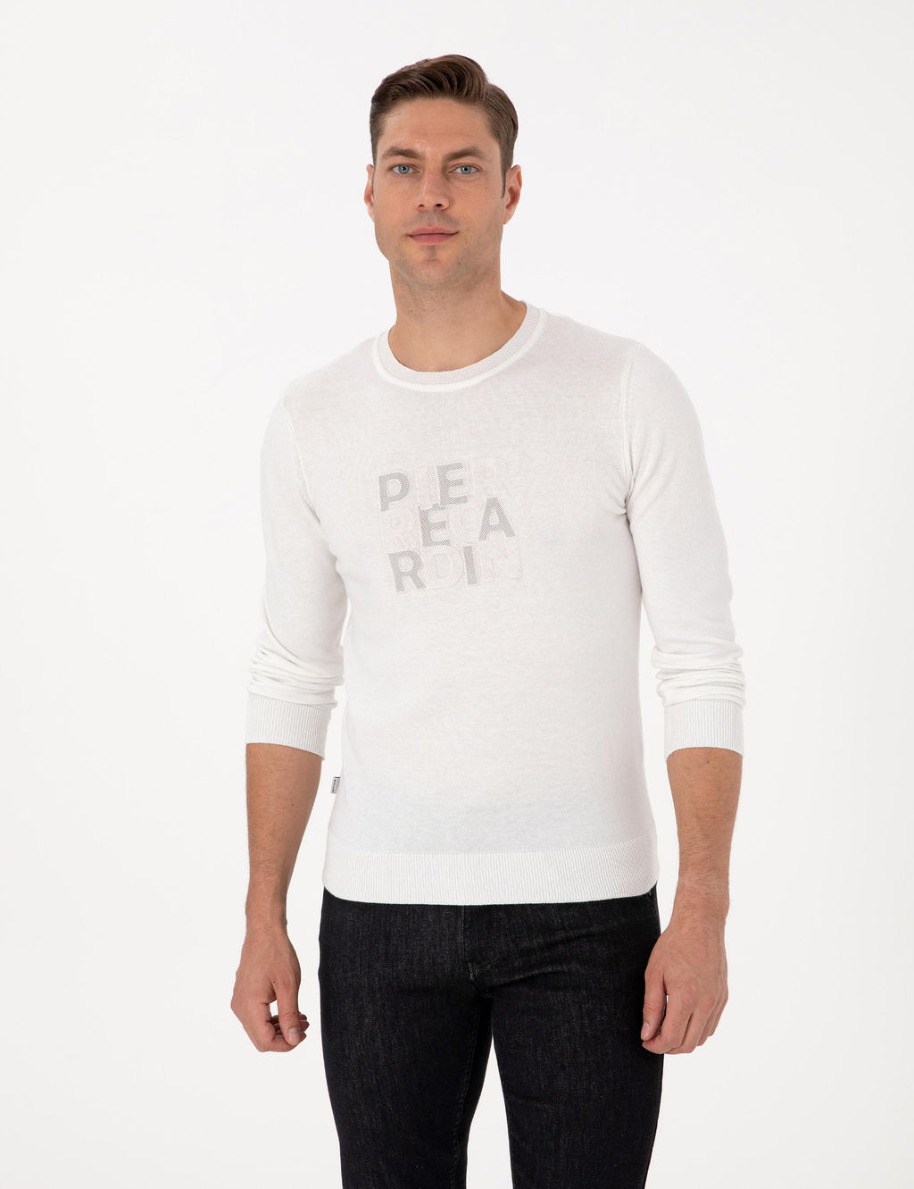 Ekru Slim Fit Bisiklet Yaka Triko Kazak