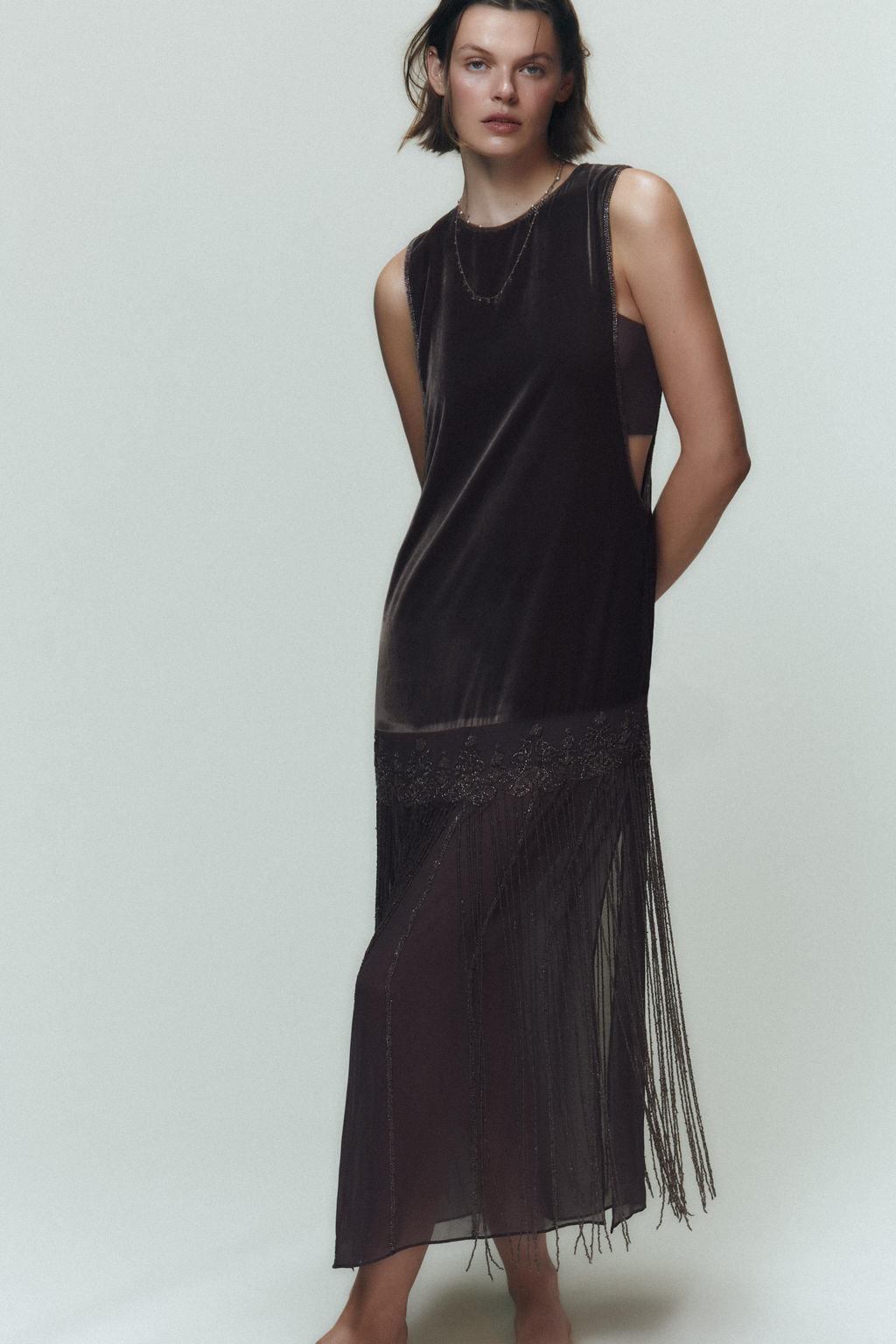 COMBINED VELVET BEADED FRINGED DRESS