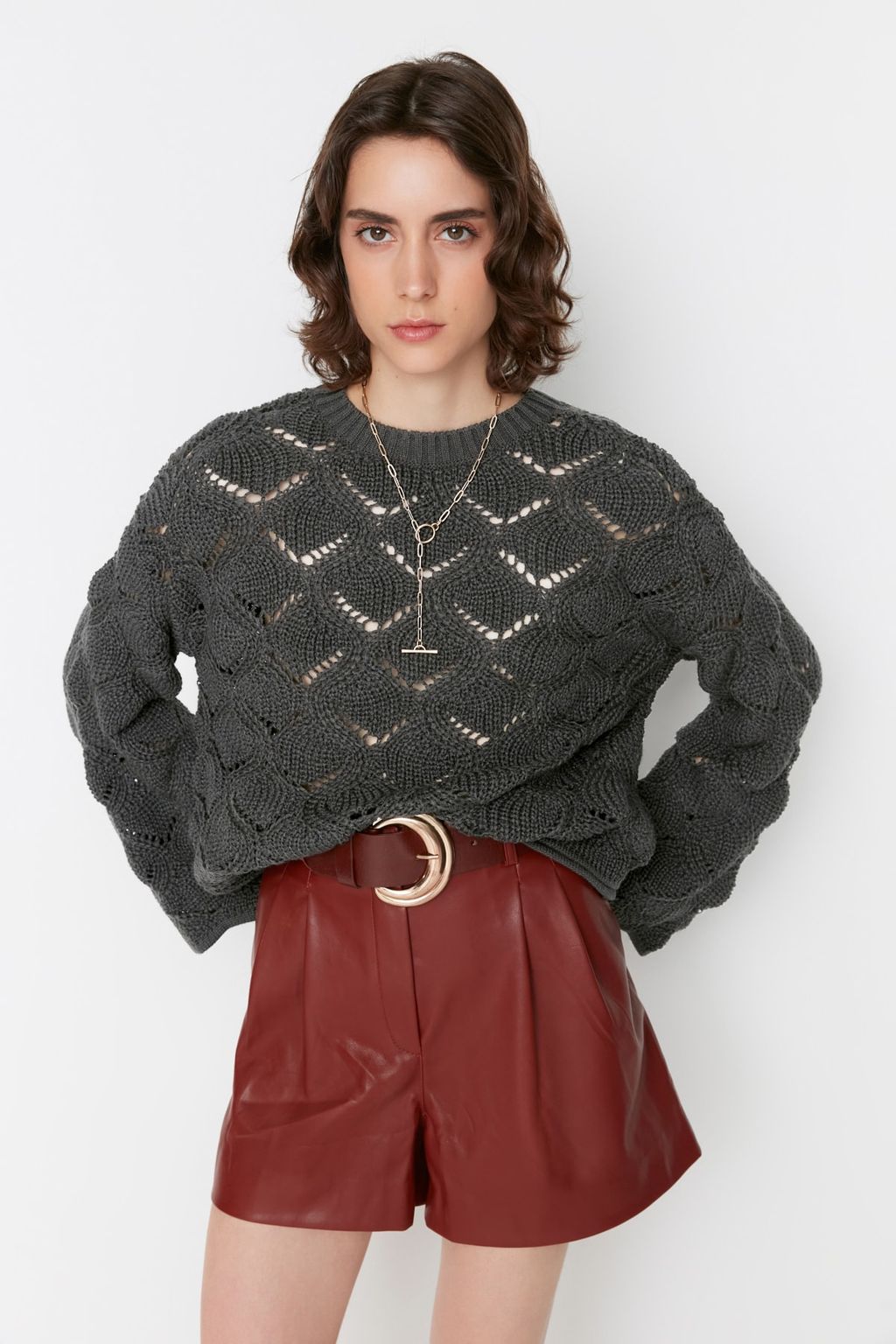 Vizon Ajurlu/Delikli Triko Kazak TWOAW22KZ1171 - Trendyolmilla фото 20